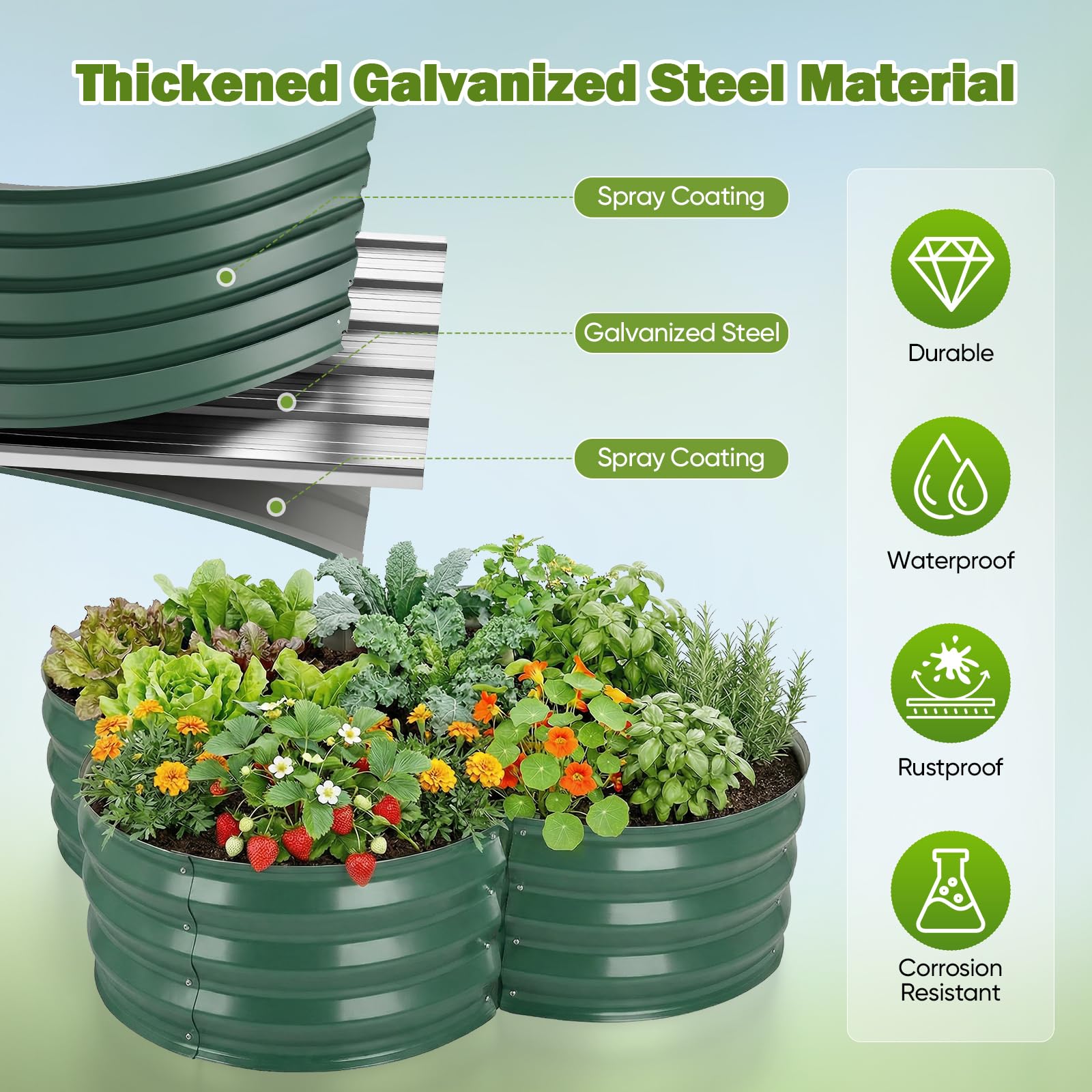 Bancal alto de metal 122 x 122 x 30 cm, forma de flor, bancal elevado para jardín de acero galvanizado robusto, resistente a la corrosión y estable, bordes seguros, fácil montaje, ideal para verduras