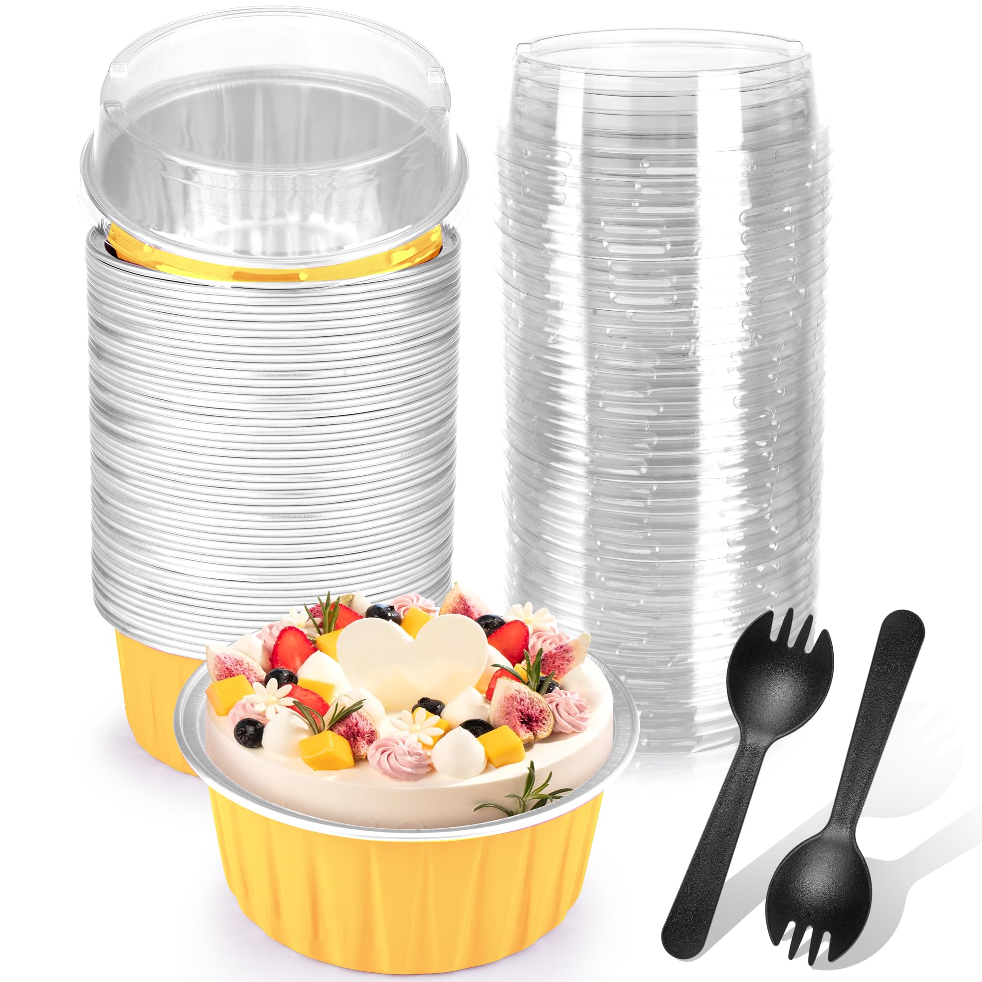 Lot De 50 Ramequins Jetables Avec Couvercles Et Cuillères, Mini Moules à Gâteaux Ronds En Feuille D'aluminium Pour Cupcakes, Muffins, Gâteaux Au Fromage, Crème Brûlée - 150 Ml (doré