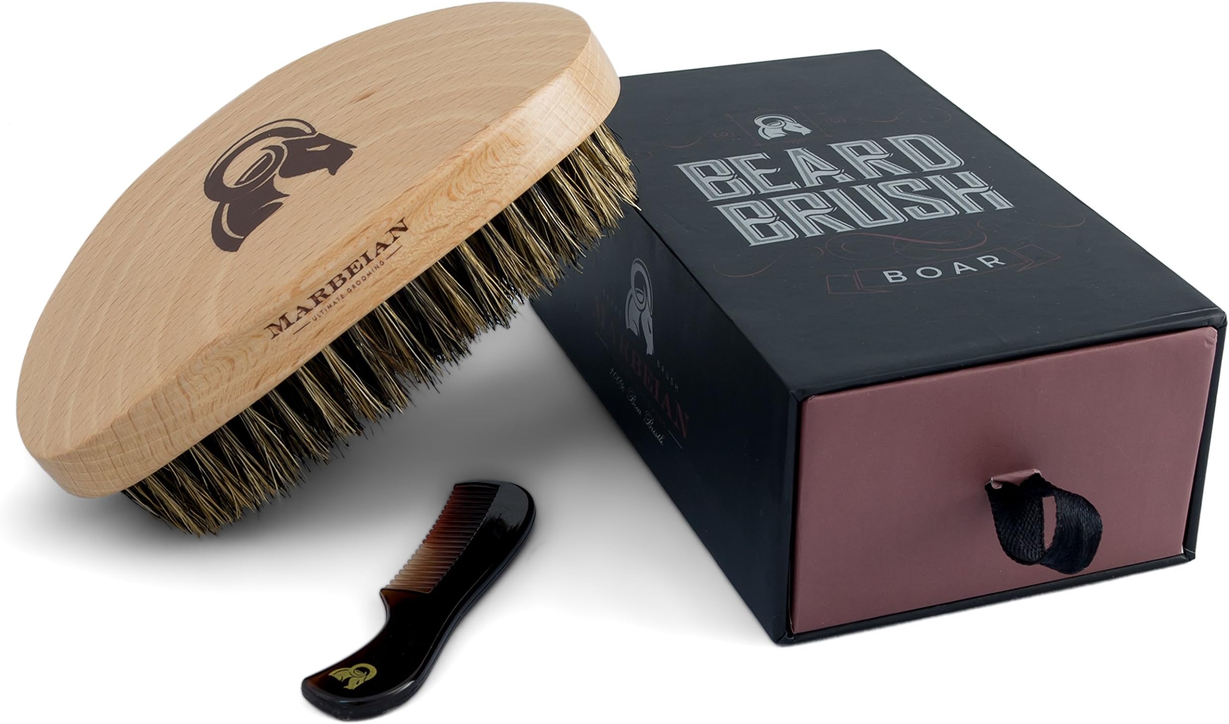 Beard Brush & 7.2 cm Comb for Moustache Set, Curved Design Makes the Brush Ride Smoothly Through Your Beard and Hair. Feels great. 100% Boar Bristle. Packaged in a Premium Gift Box. Order yours!