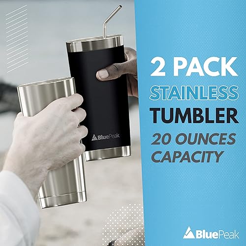 Miniatura 7 de BluePeak Juego de vasos aislados de acero inoxidable al vacío de doble pared, paquete de 2, incluye 2 tapas para sorber, 2 tapas deslizantes a