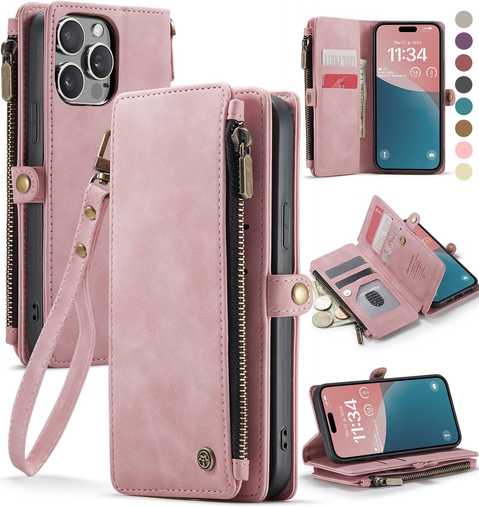 Defencase Compatible with iPhone 12/Pro Case Wallet with RFID Blocking Card Holder for Women Men, PU Leather Magnetic Snap Flip Zipper Strap Wallet Phone Case Fit for iPhone 12 & 12 Pro 6.1, Rose Pink | RFID Blocking, Card Holder, for Women Men, PU Leather, Magnetic Snap, Flip