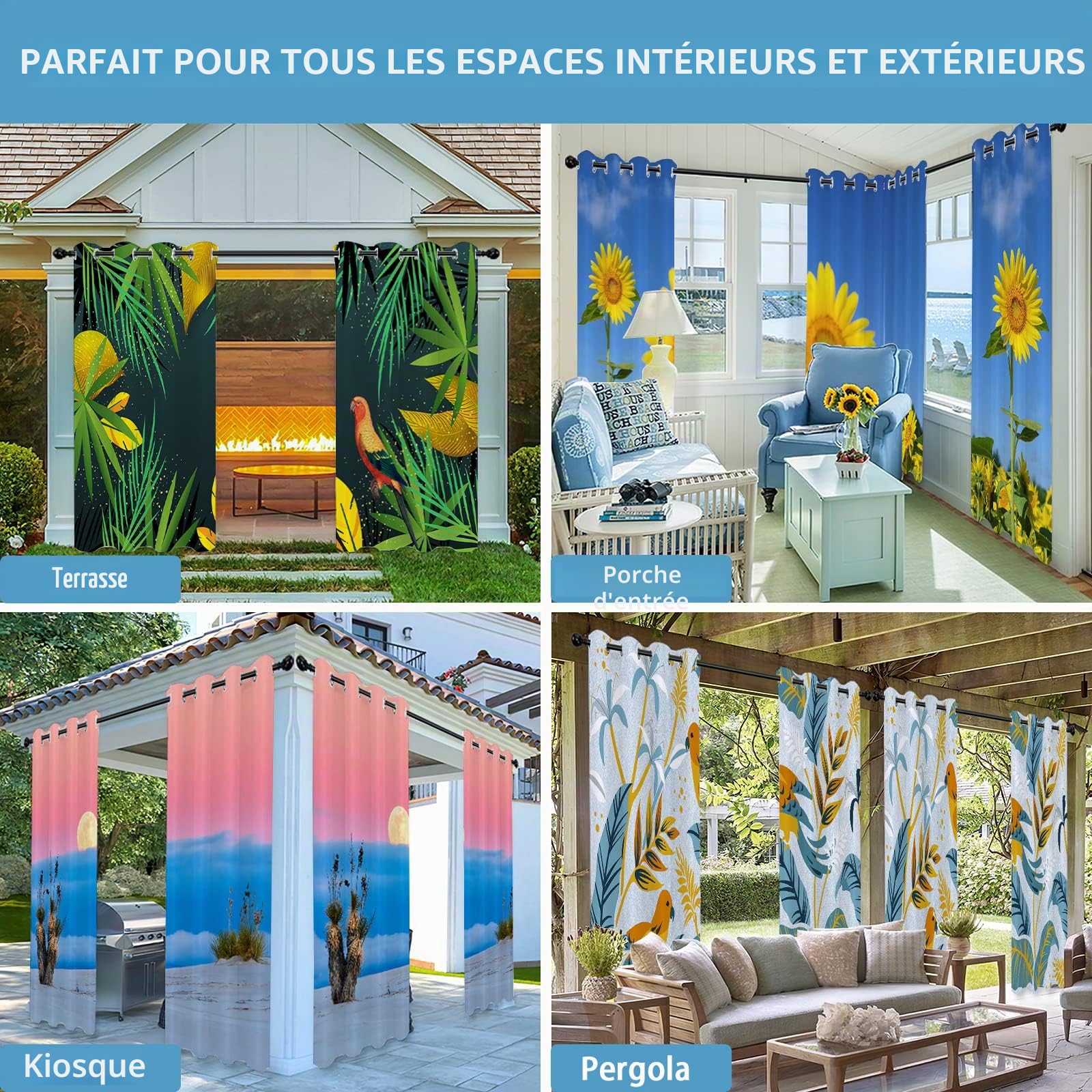 Rideaux d'extérieur Imperméable, 3D Rideau Occultant Thermiques Rideau Exterieur Terrasse Rideau pour Pergola Tonnelle Cabane Jardin, 2 Pièces 132 x 241 cm, Feuilles Vertes