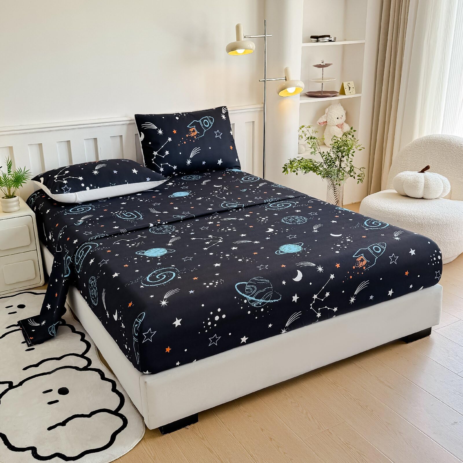 MWMWMW 4 Pieces Full Size Sheets Kids Boys Teens, Breathable and Cozy Soft Full Size Deep Pockets Boys Bed Sheets, Kids Space Sheet Set with 2 Pillowcases