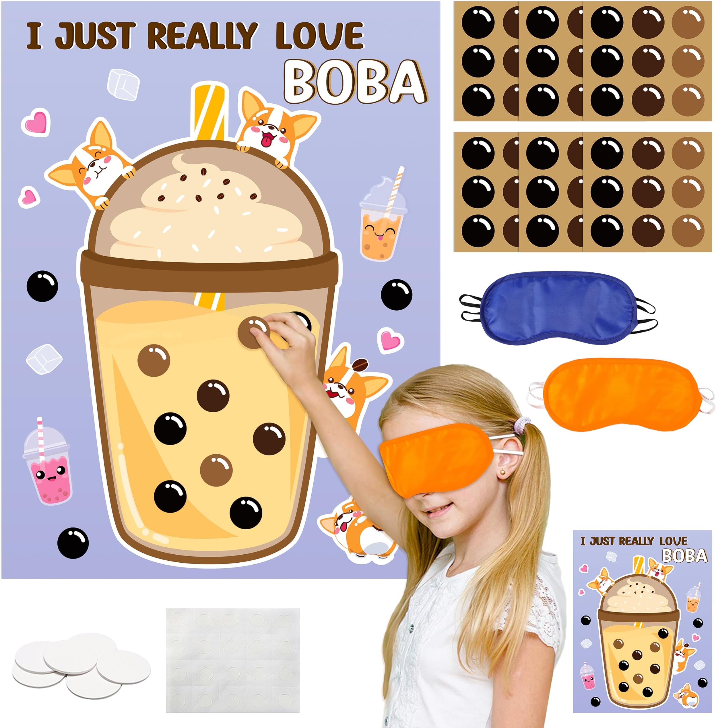 B1ykin Party Pin The Boba Tea Games - Pin The Tail on The Poster Stickers Game Poster Photo Prop Decor, Sticker Game DIY Craft Project for Kids Birthday Party (Boba Tea)