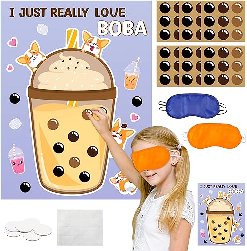 B1ykin Boba Tea Pin The Tail Games, Pin The Bubble on The Milk Tea Sticker Game con 54 calcomanías Boba, póster con los ojos vendados, decoración de