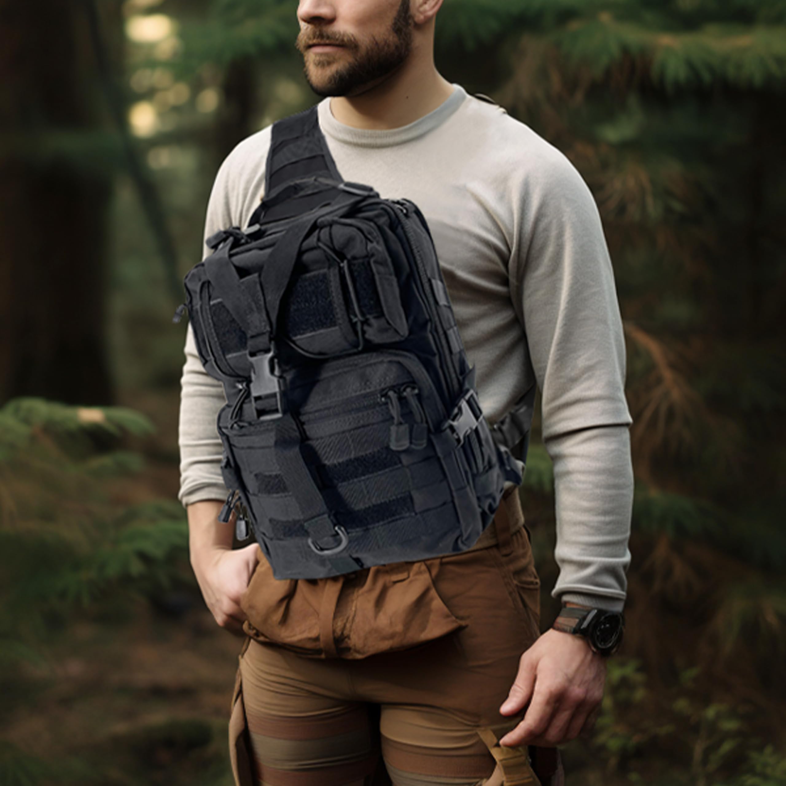 Alephnull Taktyczna torba na klatkę piersiową Molle na wędrówki plecak dzienny Sling torba Crossbody torba na ramię do aktywności na świeżym powietrzu, w podróży, na, czarny, 35 × 24× 10 CM, Taktyczne