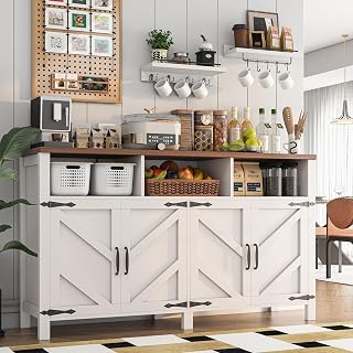 KNOWORLD 55'' Farmhouse Buffet Sideboard with 4 Doors & Adjustable Shelves - Large Kitchen Storage Cabinet, Coffee Bar for Dining Room, Entryway