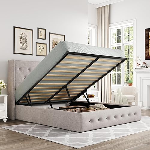 Miniatura 17 de Allewie Cama de almacenamiento elevable tamaño Queen, cabecera moderna con respaldo alado, soporte hidráulico, no necesita somier, color beige claro