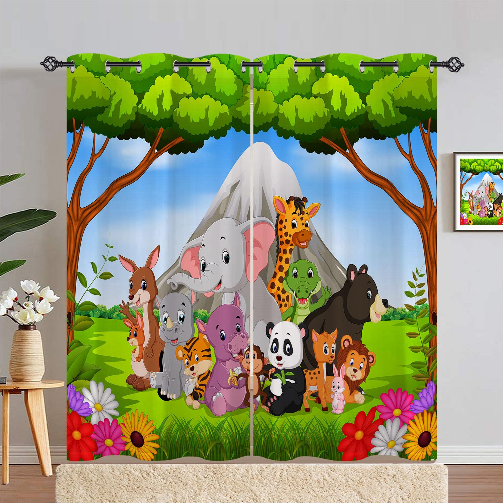 ANHOPE Jungle Animal Curtains Eyelet Ring Top Soft Thermal Insulated Blackout Curtains Safari Elephant Lion Print Pattern Decorative Window Drapes for Kids Bedroom Living Room 55 x 72 Inch 2 Panels — image 1