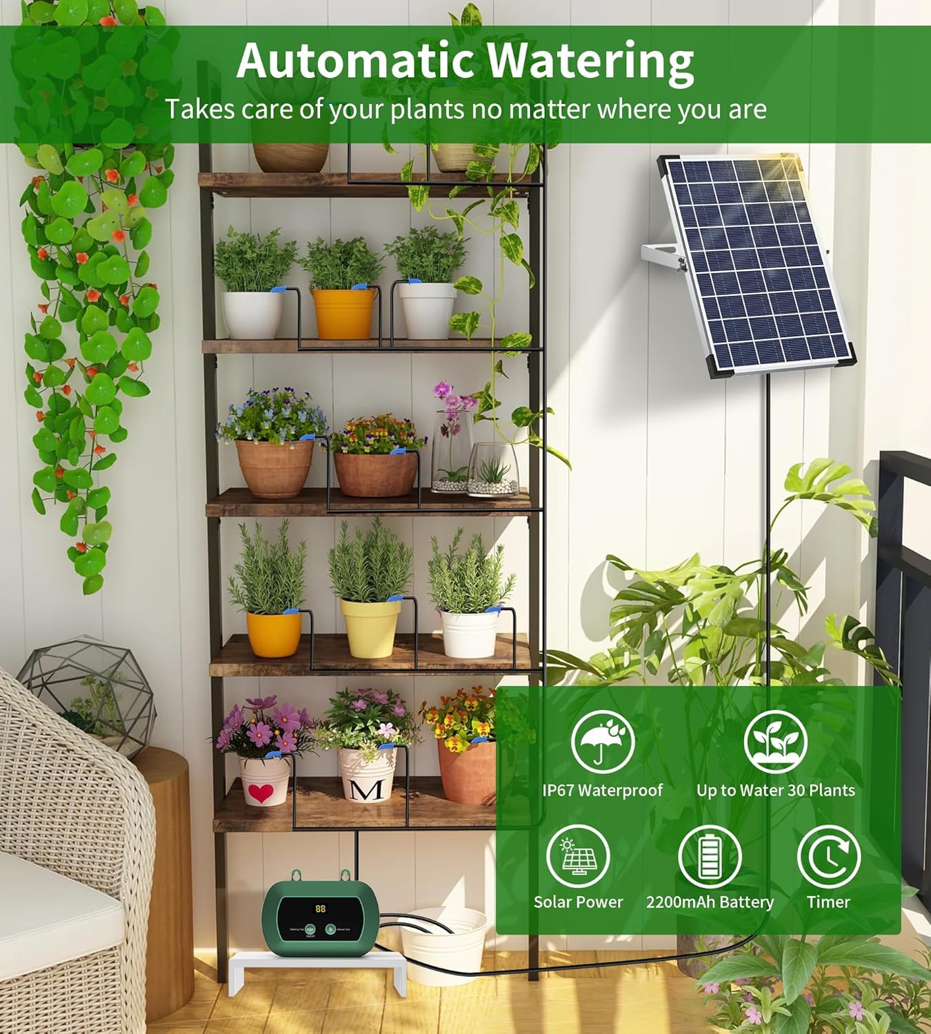 Sistema di irrigazione solare con 300 modalità, set di irrigazione a goccia automatico con tubo da 30 m, sistema di irrigazione solare per piante, giardino, balcone, serra e piante in vaso