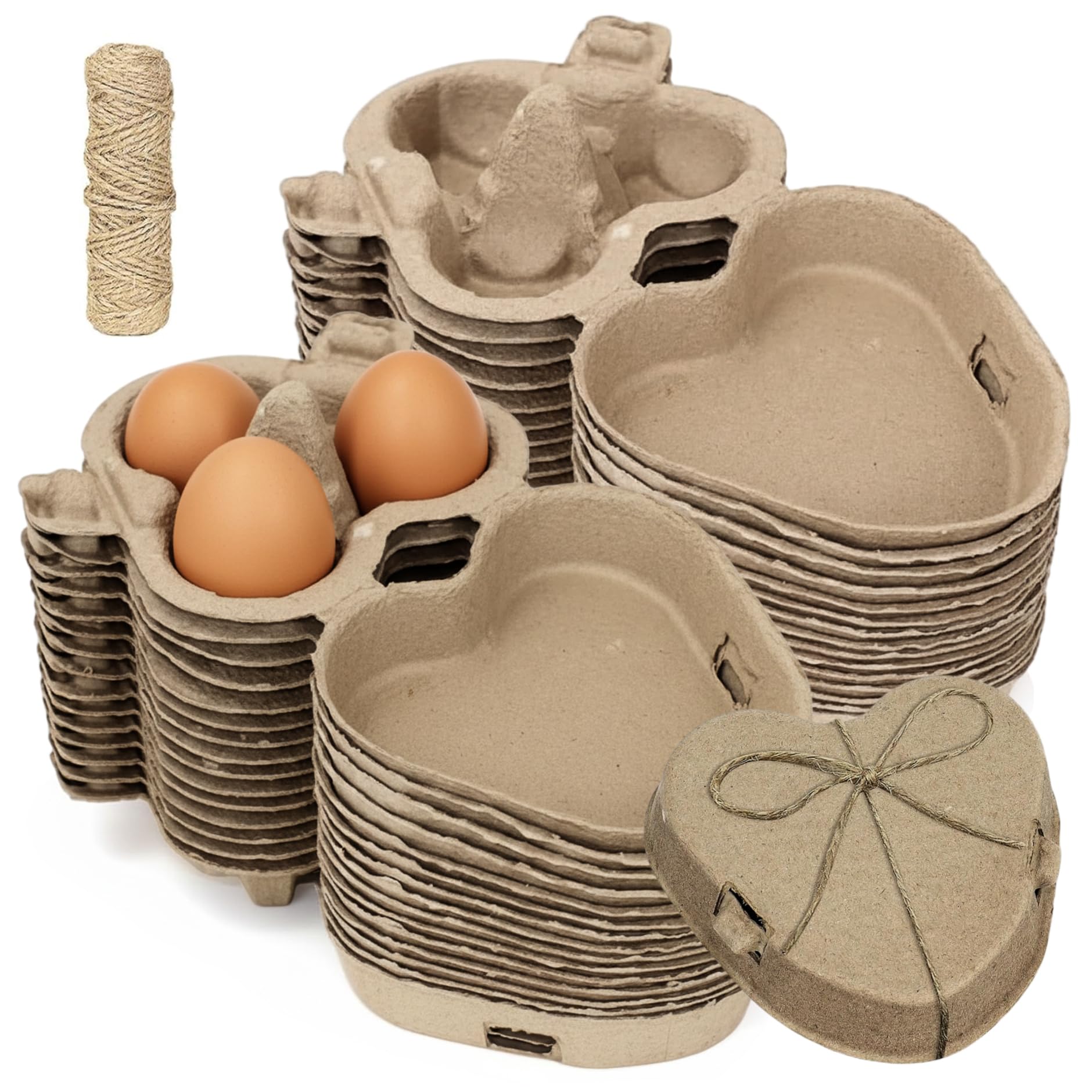 30 cajas de cartón para huevos grandes de pulpa de papel con cuerda de yute, cajas de cartón en forma de corazón para almacenamiento y presentación seguros