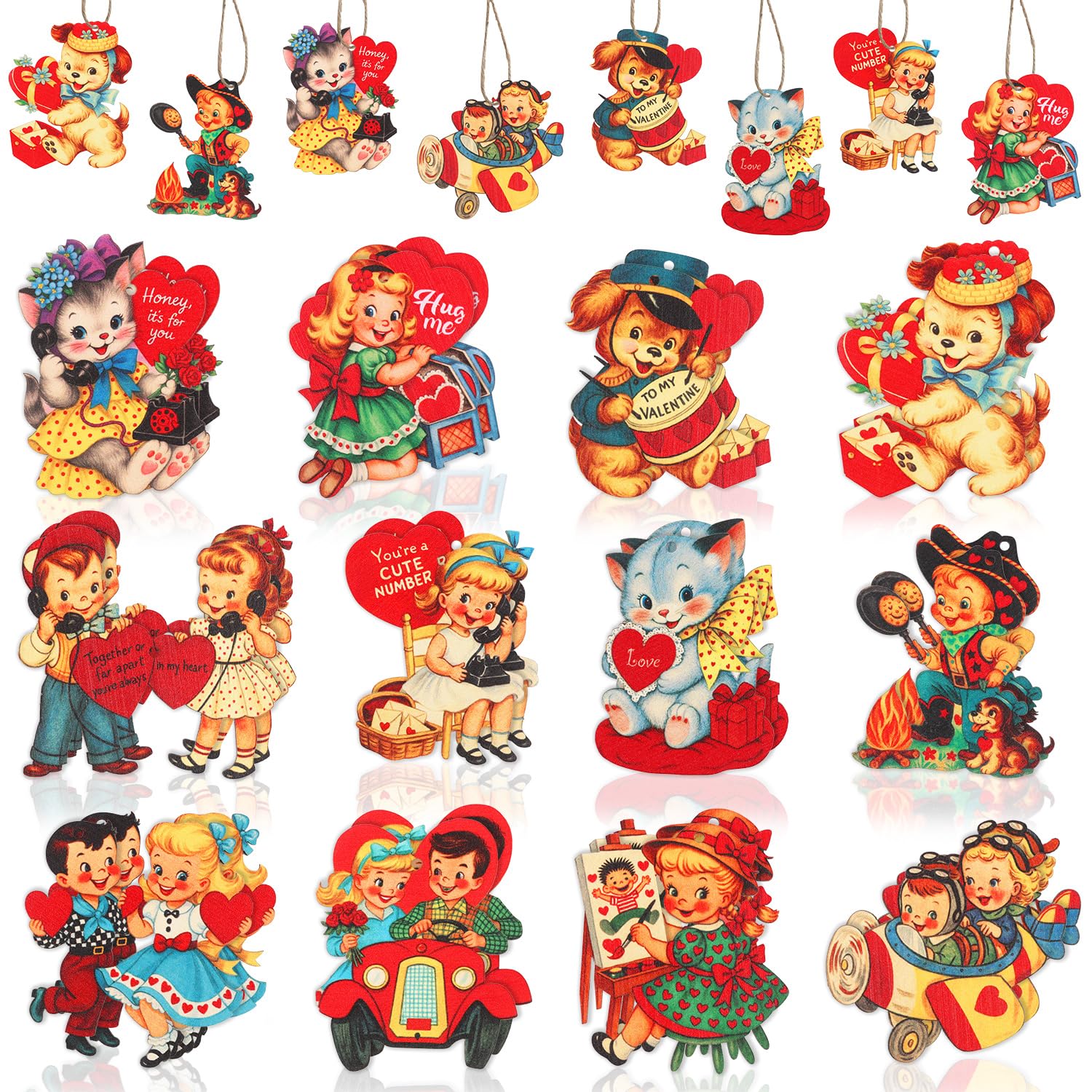 CCINEE 36pcs Vintage Valentines Day Wooden Hanging Ornaments, Retro Heart Valentines Day Tree Ornaments Tags for Anniversary Party Hanging Decorations