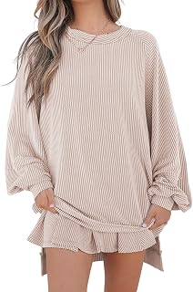 Womens 2 Piece Outfits Ribbed Oversized Long Sleeve Top and High Waist Skort Lounge Matching Skirt Set