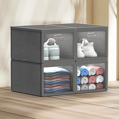 Miniatura 6 de Domsanistor Contenedores de almacenamiento apilables de 3 rejillas con tapas, organizadores de armario plegables, cajas de almacenamiento plegables,