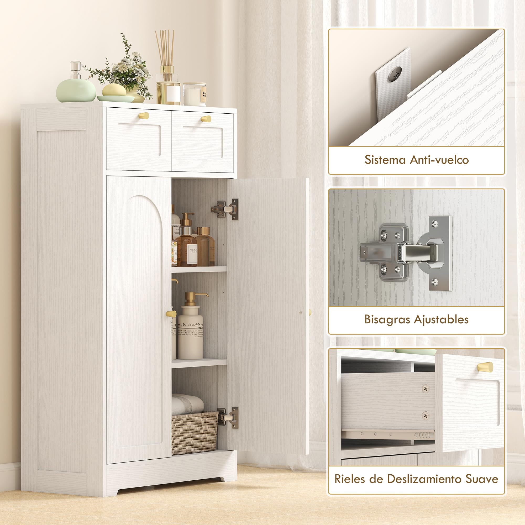 HOMCOM Armario de Baño Estrecho con 2 Cajones 60x30x108 cm Blanco Veteado | Mueble Auxiliar de Baño, Estante Abierto, Puerta con Panel Arqueado, Estilo Moderno, para Espacios Pequeños