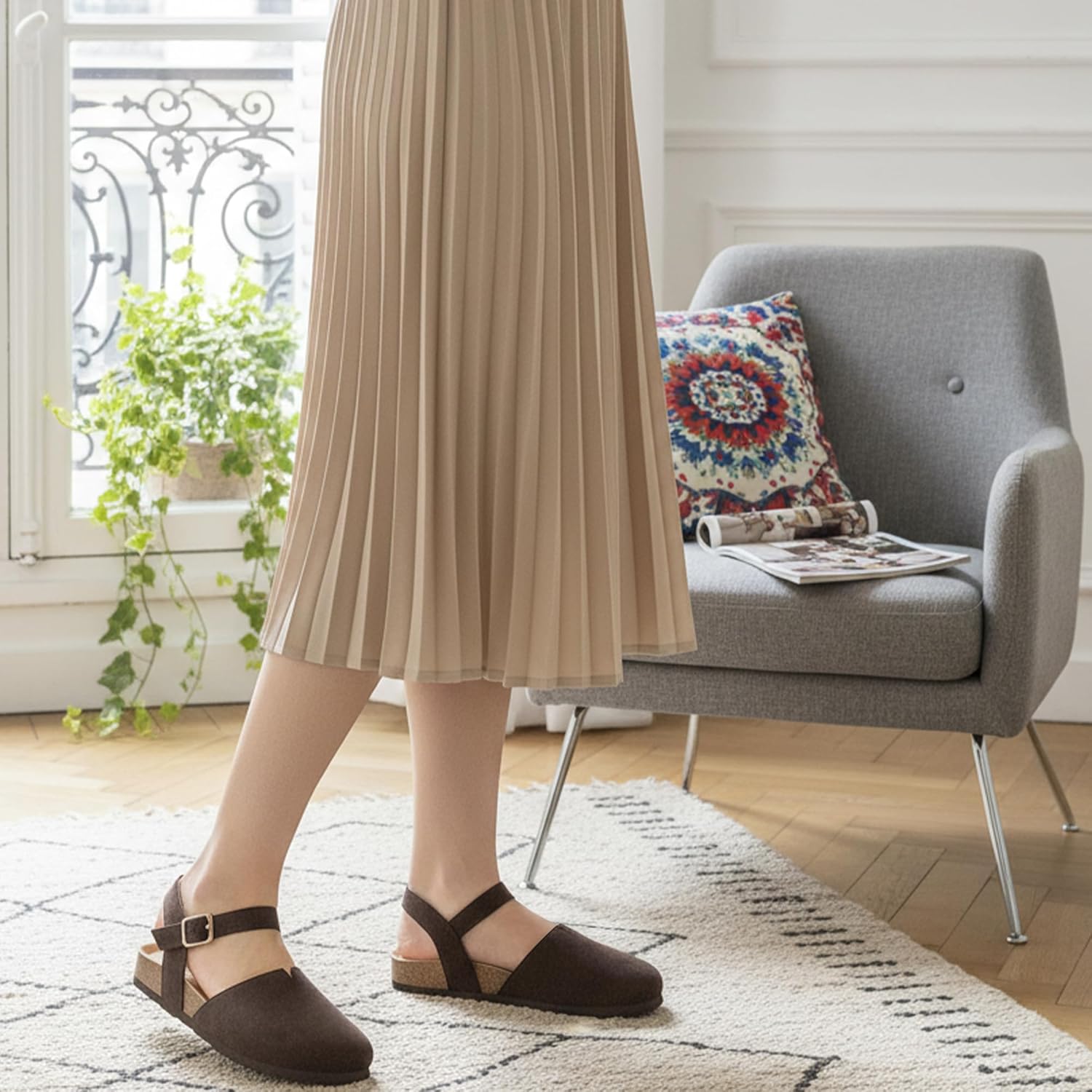 Ecetana Womens Sandals Dressy Summer Closed Toe Flats Comfortable Cork Footbed Casual Walking Shoes - Image 3