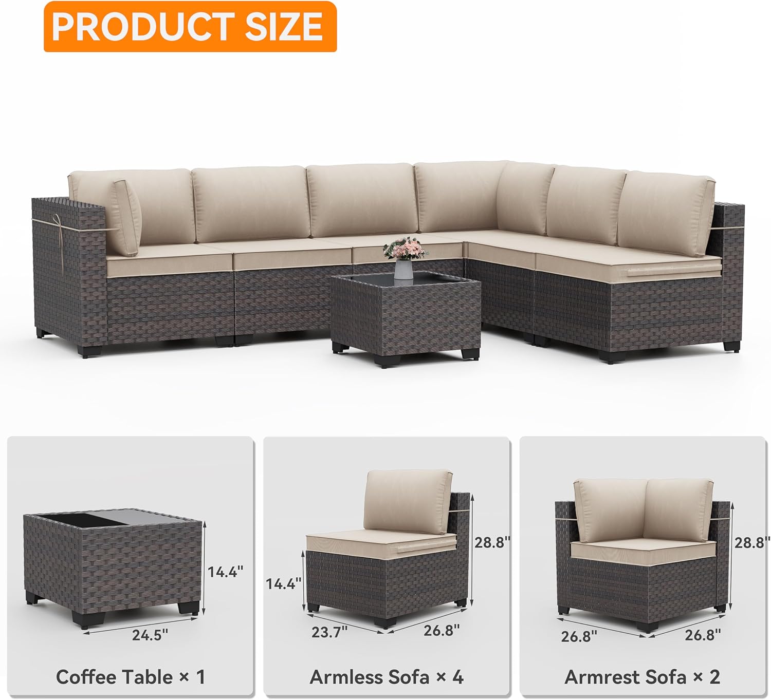 Patio Furniture Set 10 Pieces Wide PE Rattan Sofa Set Outdoor Sectional Furniture,Patio Swivel Chair Sofa Set Patio Conversation Set w/Cushions and Glass Coffee Table,Sand