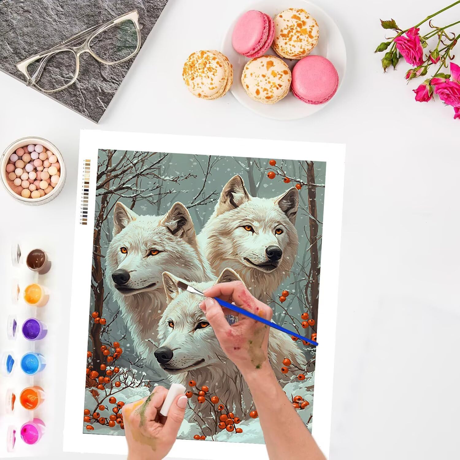WEISHIWE Malen nach Zahlen Erwachsene Beere mit Wolf, 70x90cm x-490 | Malen nach Zahlen Erwachsene Leinwand Kit, DIY Handgemalt Ölgemälde Set mit 3-Pinseln und Acrylfarbe für Wanddeko,Ohne Rahmen