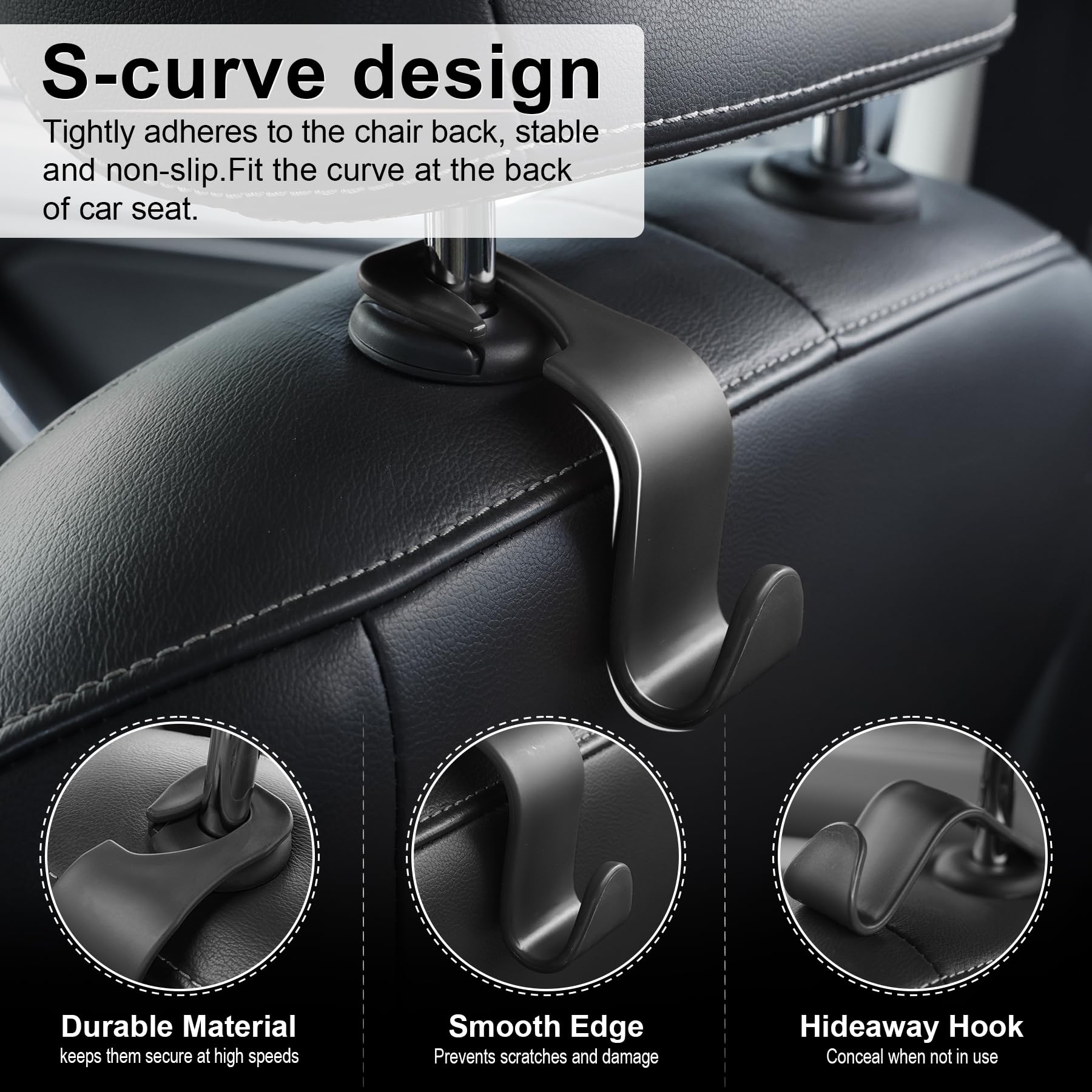 Lot De 4 Crochets D'Appui-Tête Pour Voiture - Organisateur Intérieur Universel | Pour Sacs, Parapluies, Gourdes
