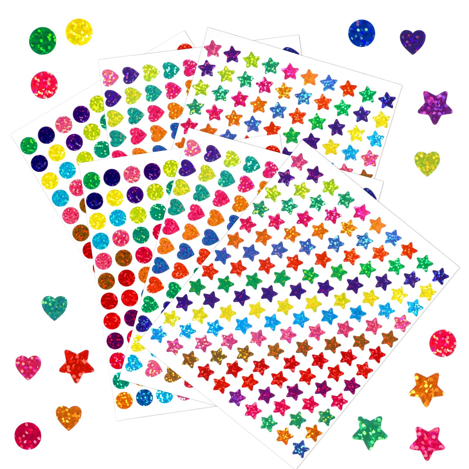 3600 PCS Glitter Small Stickers for Kids, Mini Colorful Stickers with Heart, Star and Round Shapes, Multi-Shape Heart Sticker for Student Teacher Supplies, DIY Decoration, 30 Sheets