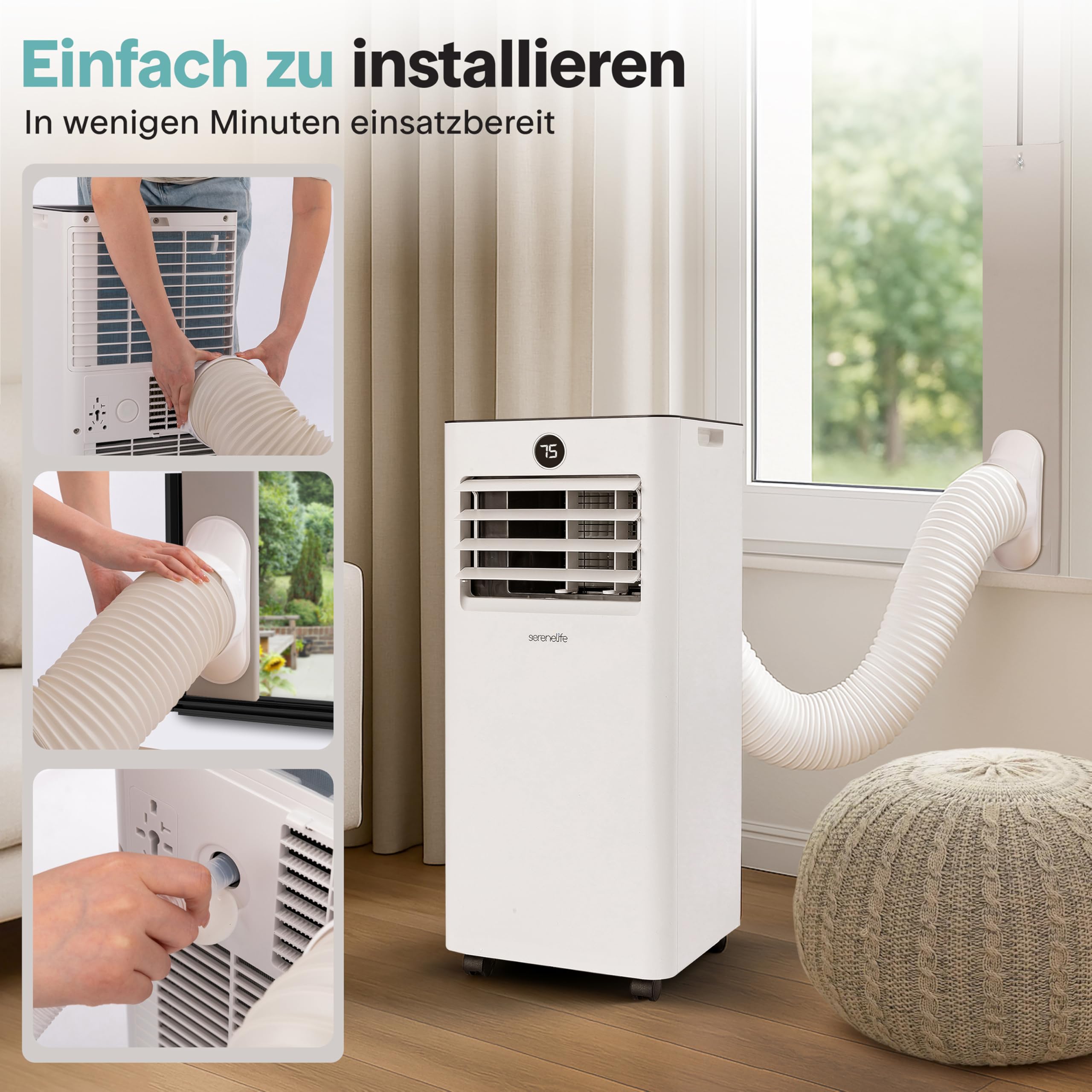 SereneLife Klimaanlage Mobil 7000 BTU, 4 in 1 Kühlen Heizen Entfeuchten und Ventilieren, Klimagerät mit Ablutfschlauch und Fensterkit, Fernbedienung 24h-Timer, Für Räume bis 28m²