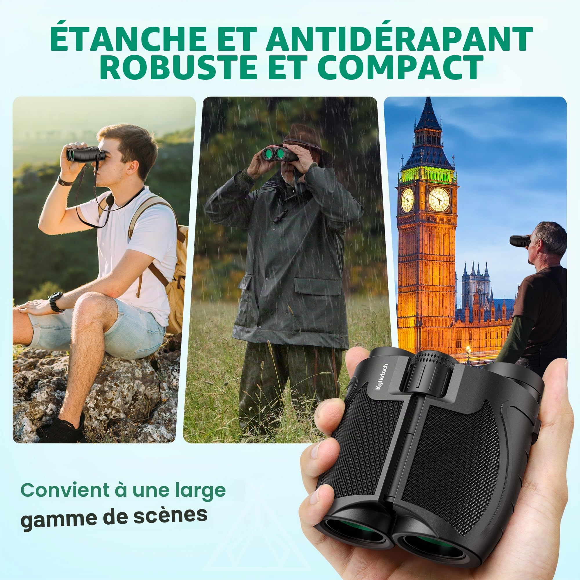 Kylietech Jumelles Compactes 12 x 25, Jumelles Légères pour Adultes et Enfants, Optique FMC Multi-Couches et Prismes BAK-4, Idéales pour Les Sports de Plein Air, Les Voyages, La Chasse, Les Concerts