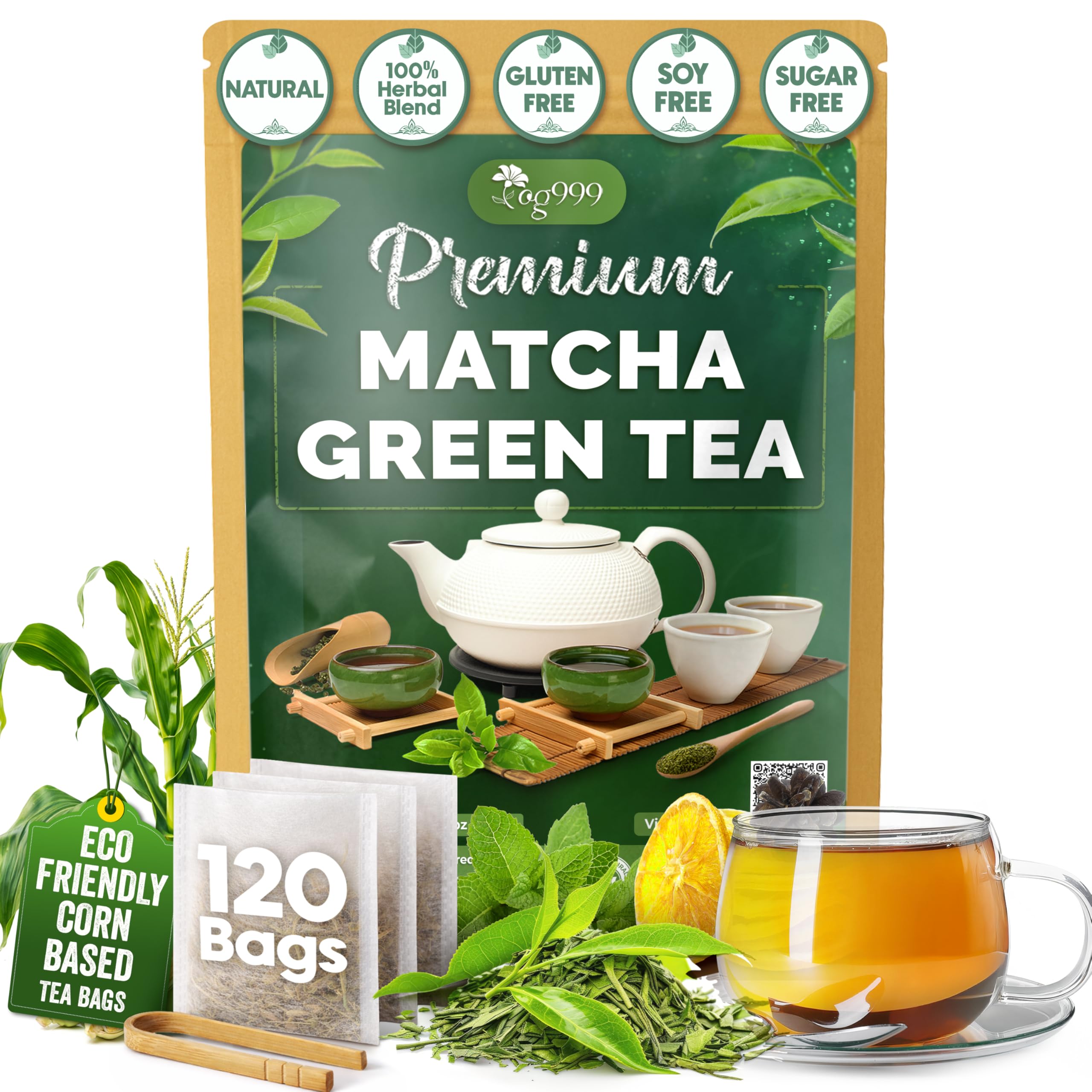 TOG999 Premium Matcha Green Tea Bags, Sencha, Spearmint & Orange, 120 Count Matcha Green 120 Bags