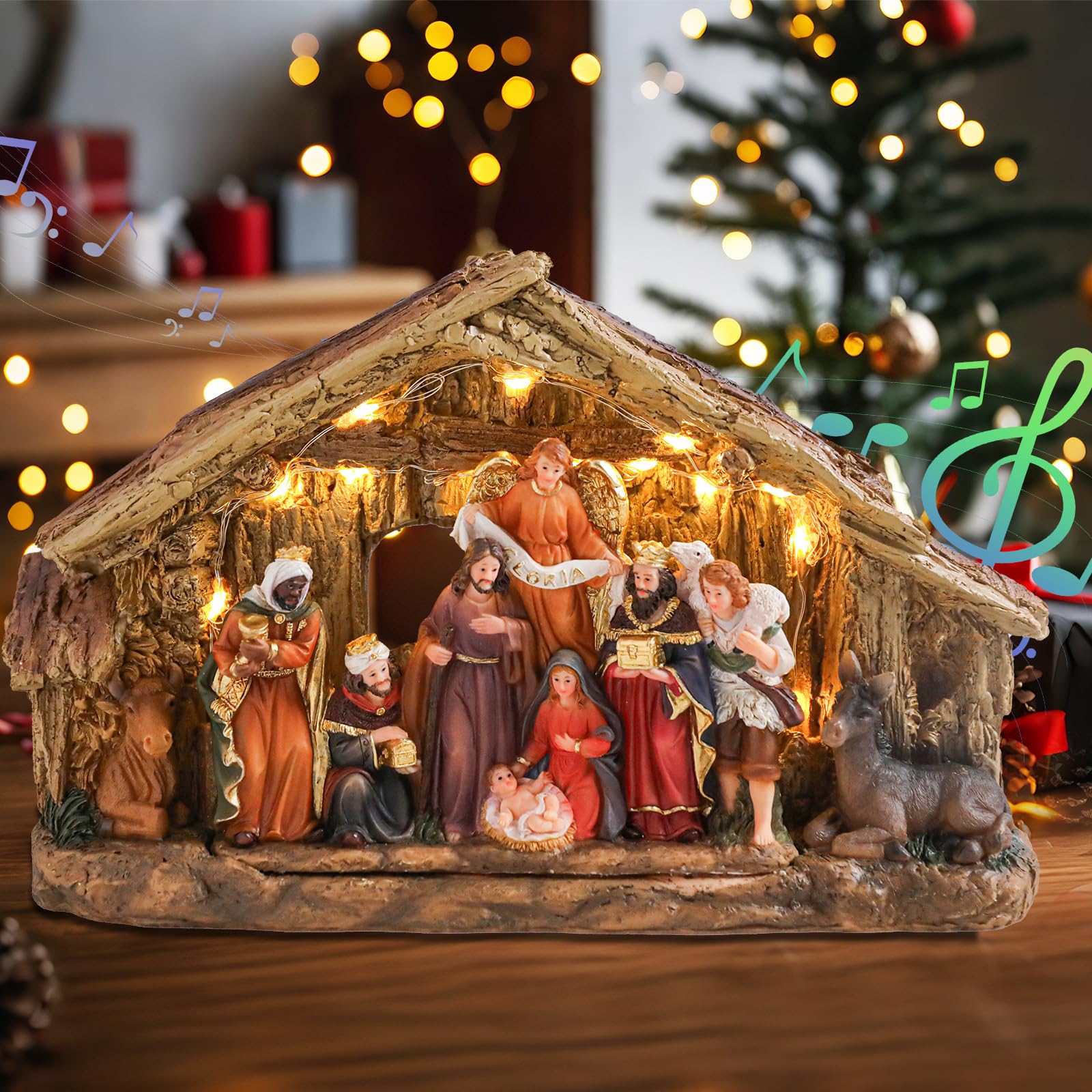Bdor Crèche de Noël - Décoration de Noël - 29 x 8,9 x 17,8 cm - Affichage lumineux de la naissance de Jésus - Décoration de table de Noël - Scène électrique avec lumières LED