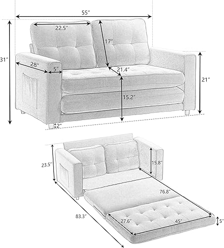 Miniatura 2 de Moderno sofá cama extraíble de tamaño matrimonial, sofá cama convertible 3 en 1 con 2 bolsillos laterales, sofá biplaza, futón de terciopelo
