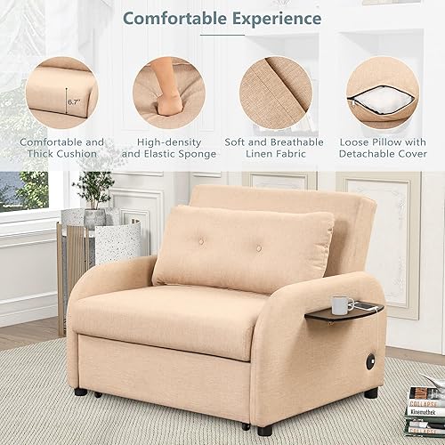 Miniatura 6 de P PURLOVE Sofá biplaza convertible moderno de 57 pulgadas, respaldo ajustable, sofá de 2 plazas con cama extraíble con bolsillo lateral, 2 almohadas