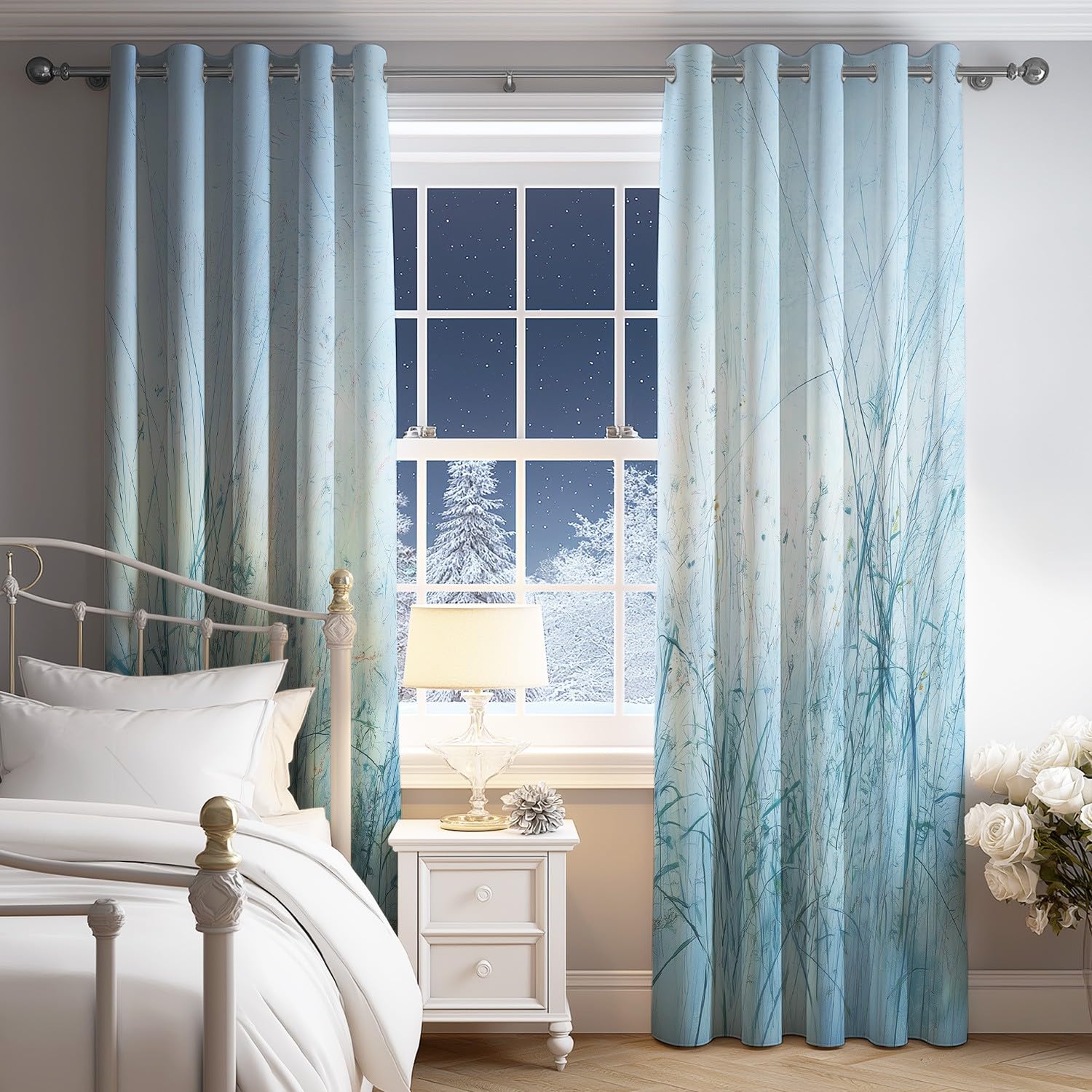 Generisch Vorhänge Blickdicht 2er Set 245 x 175 cm - Knitterfrei Gardinen vorhänge Frisch Pflanzen Gras Blau Extra Breit mit Geräuschminderung mit Ösen für Schlafzimmer und Wohnzimmer