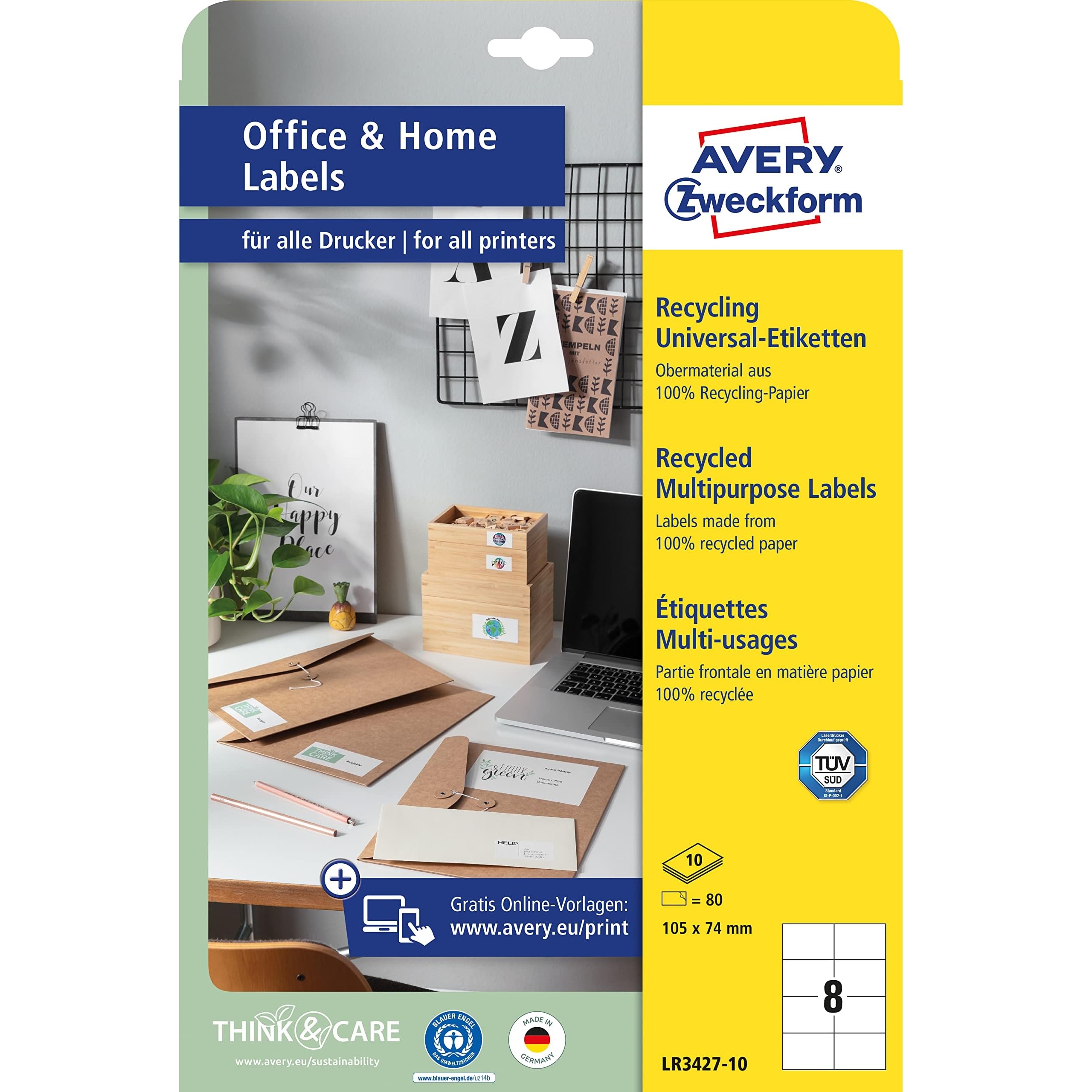 AVERY Zweckform LR3427-10 Recycled Labels (80 Address Labels, 105 x 74 mm on A4, 100% Recycled Paper, Printable Shipping Labels, Self-Adhesive Shipping Labels), 10 Sheets, Natural White