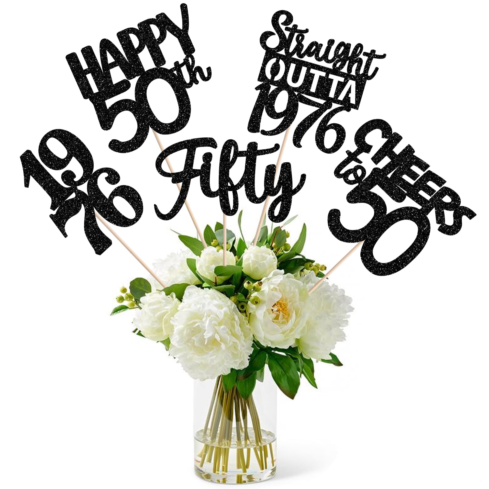 15 PCS 50th Birthday Centerpiece Sticks Fifty Happy 50th Straight Outta 1976 Table Flower Centerpieces Sticks Cheers to 50 Floral Decorations for 50th Birthday Party Centerpieces Supplies Black