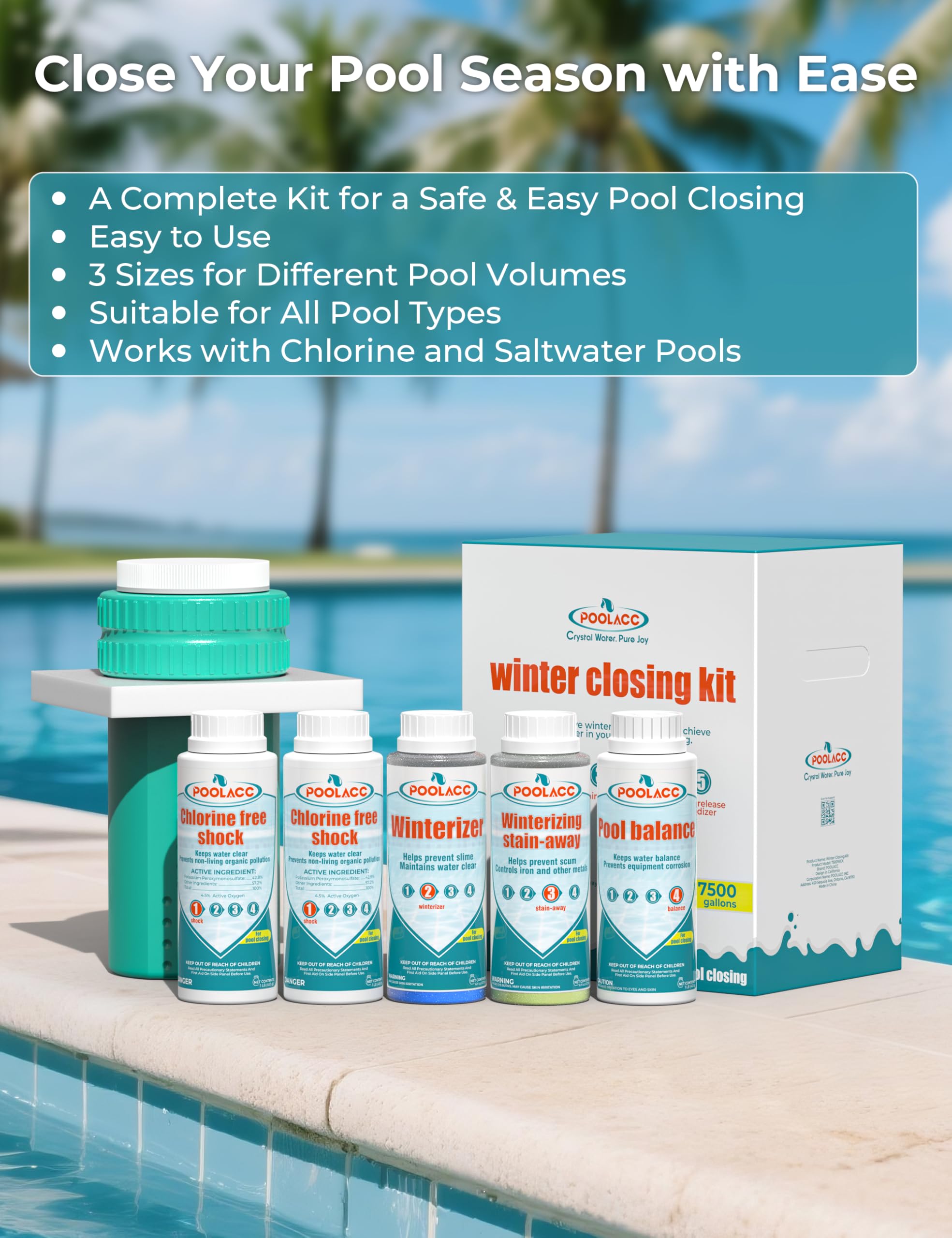 POOLACC Kit de cierre de alberca de invierno todo en uno, maneja hasta 7,500 galones para piscinas elevadas y enterradas, kit de preparación para el invierno de piscina 4 en 1 con múltiples accesorios