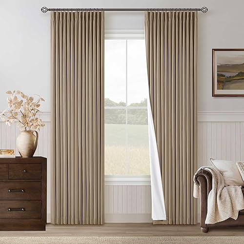 Miniatura 68 de Cortinas de lino 100% opacas de 90 pulgadas con pliegues de 2 paneles para sala de estar, con pestaña trasera plisada, cortinas oscuras con forma de