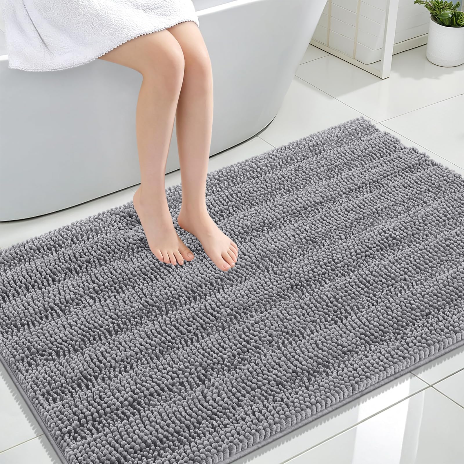 OLANLY Thick Large Bathroom Rugs 47x32, Soft Chenille Bath Rugs, Grey