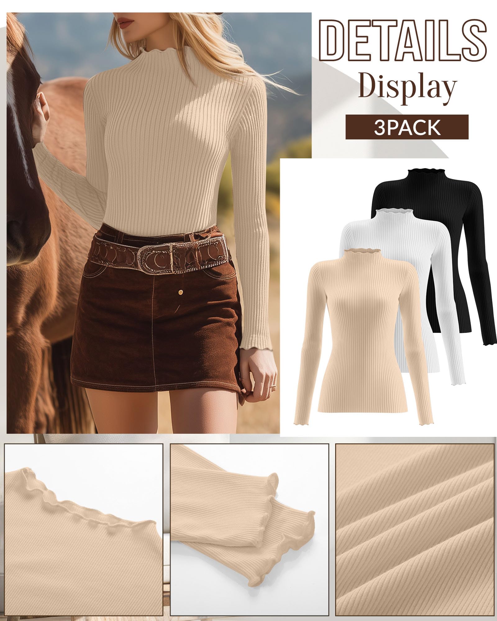 Geyoga 3 Camisetas Cuello Perkins Mujer | Camiseta De Algodón De Manga Larga Con Tejido Acanalado Y Borde Ondulado. Suave, Elástica E Ideal Para Combinar.