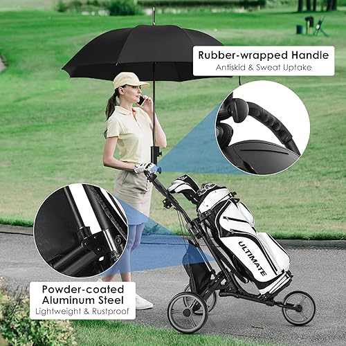 Miniatura 4 de GYMAX Carrito de golf, 3 ruedas de aluminio plegable de altura ajustable con soporte para paraguas y bolsa impermeable, portátil, ligero, de