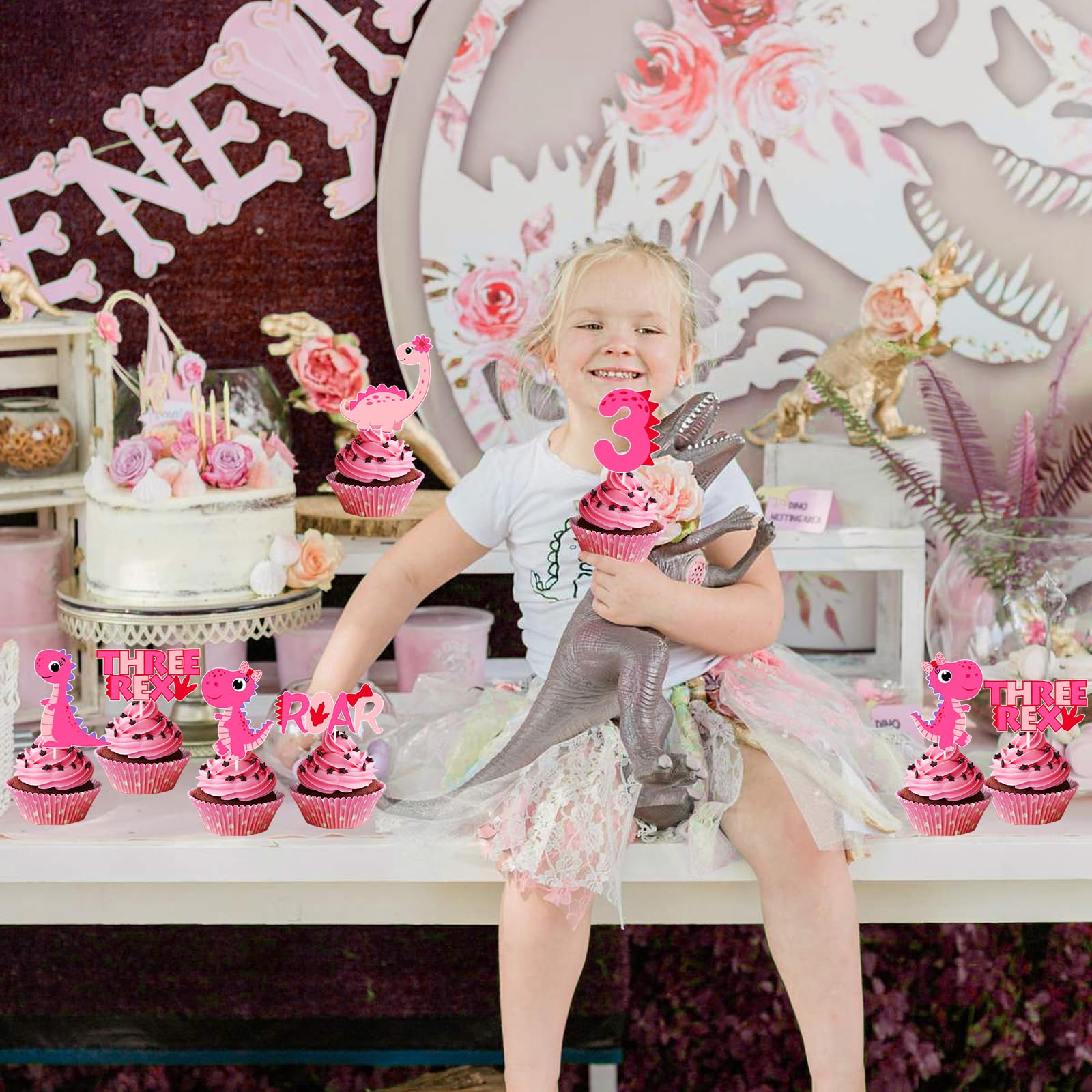 Dinosaurier-Kuchen-Deckel Für Mädchen - Rosa, Set Mit 24 Toppern, Inkl. Zahl 3, Für Geburtstagspartys