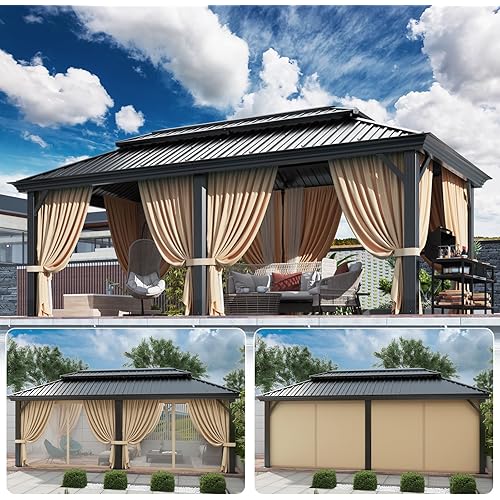 HOTEEL 12x20 Gazebo with Metal Roof Heavy Duty Hardtop Gazebo with Flame-Retardant Curtain & Netting, Hot Tub Gazebos with Galvanized Steel Double Roof, Outdoor Canopy for Patio, Party (2025 Upgraded)