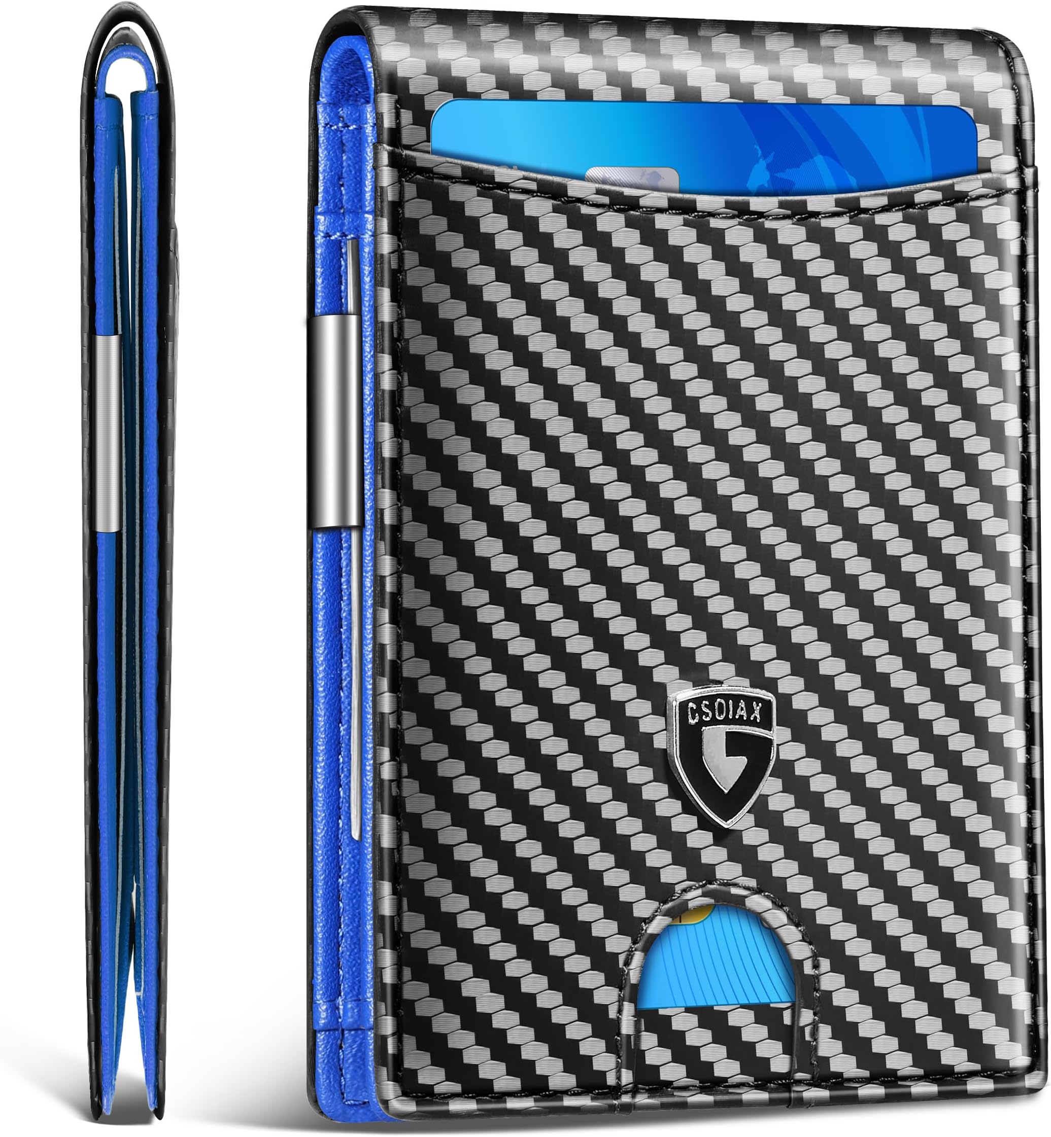 GSOIAX Slim Wallet for Men with Money Clip, Minimalist Leather RFID Blocking Bifold Small Thin Front Pocket Carbon Fiber Men's Wallet,11 Credit Card Slots Holder with Gift Box (Carbon Blue)
