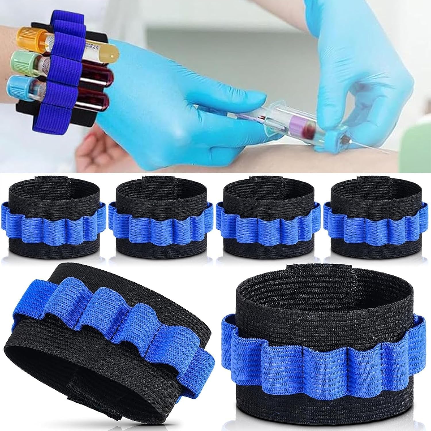 Soporte de tubo de extracción de sangre, muñequeras para flebotomía, capacidad 8 tubos, negro y azul