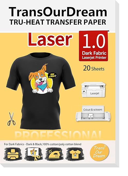 TransOurDream Laser 1.0 – Iron on Heat Transfer Paper for Dark T Shirts (20 Sheets, A4) Printable HTV Heat Transfer Vinyl for Laserjet Printers Iron On transfers for T Shirts at Rs. 399