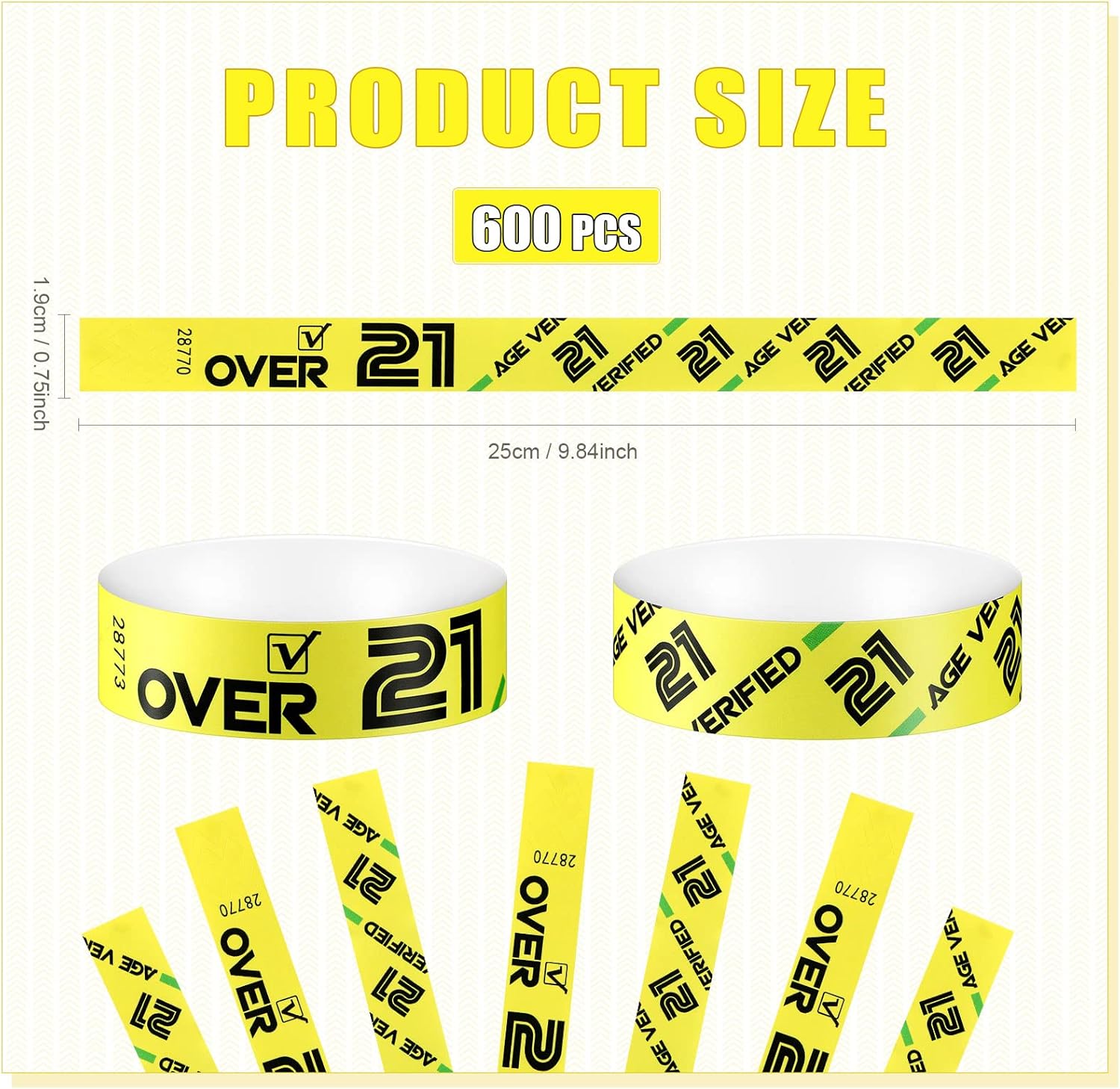 600 Pack Over 21 Age Verified Wristbands for Events with Security Number, Waterproof Neon Verified Wristband for Bar KTV Casino Bachelorette Party Concert Occasion Entrance (Yellow)