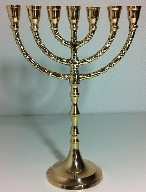 7 Candle Holder Menorah David 3-Branch Brass Color: Antique Gold Menorah
