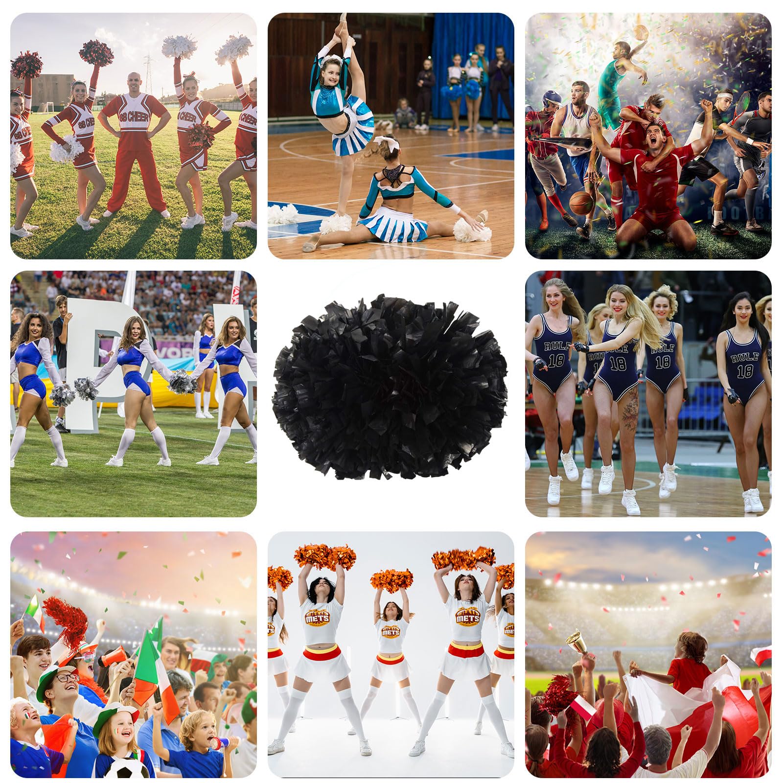 Cheer Pompony z uchwytem, ręczne pompony drużyny cheerleaderek, do drużyny sportowej, gry ducha, na imprezę taneczną, dla dorosłych, czarne, 10 szt
