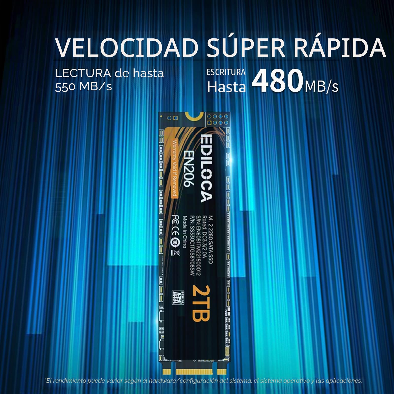 Ediloca EN206 2TB 3D NAND M.2 SSD, M.2 2280 SATA III 6Gb/s SSD Disco Duro Interno, Velocidad de Lectura/Escritura de hasta 550/480 MB/s, Compatible con ultrabooks, tabletas y Mini PC