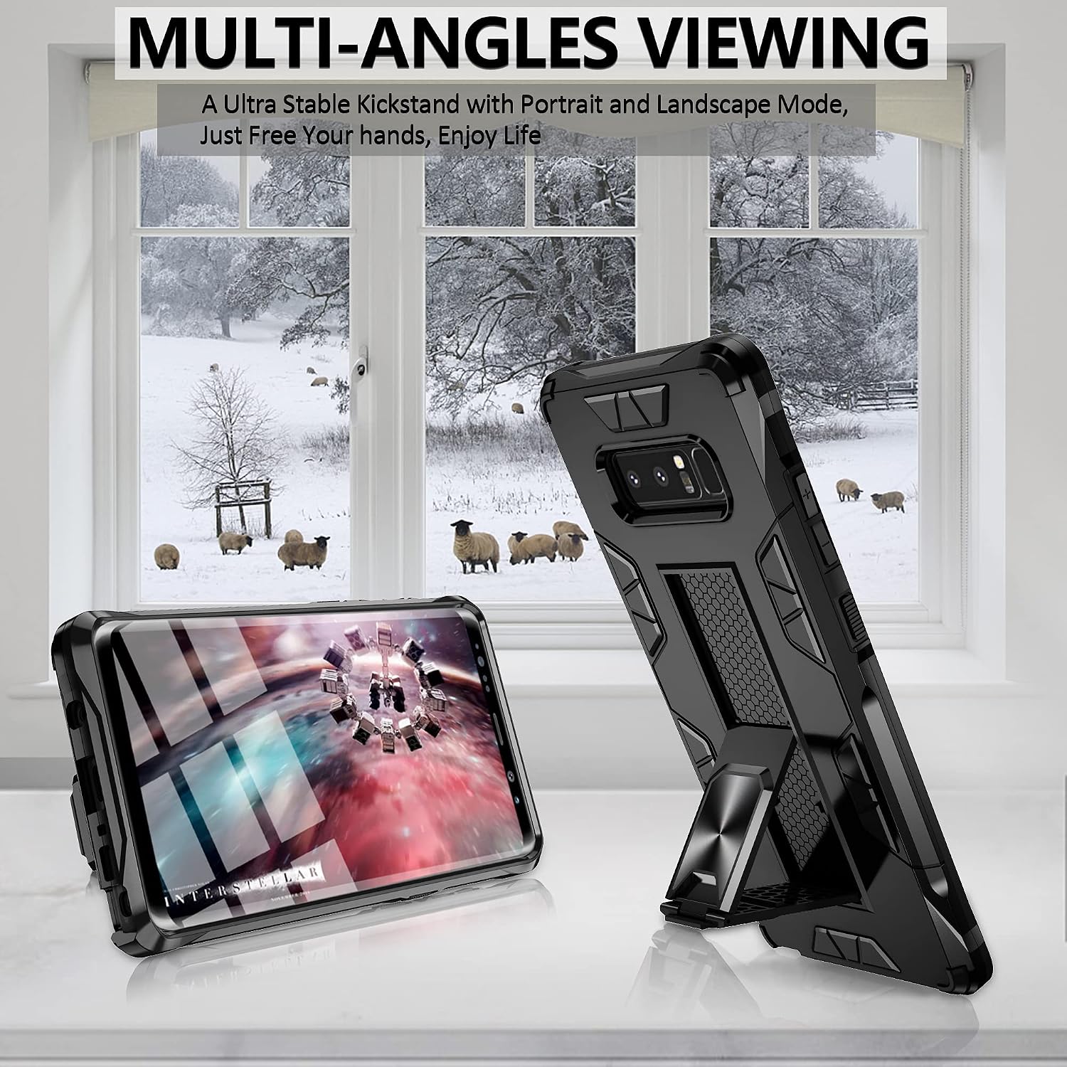 Compatible for Samsung Galaxy Note 8 Case with HD Screen Protector, Gritup Military Grade Dual Layer Protective Shockproof Cover Built-in Magnetic Kickstand Phone Case for Samsung Note 8, Black
