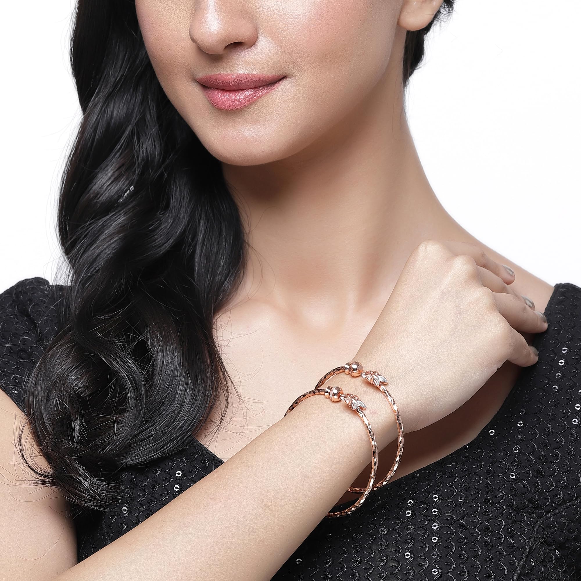 Rose Gold-Plated American Diamond Peacock Handcrafted Kada Bracelets Set