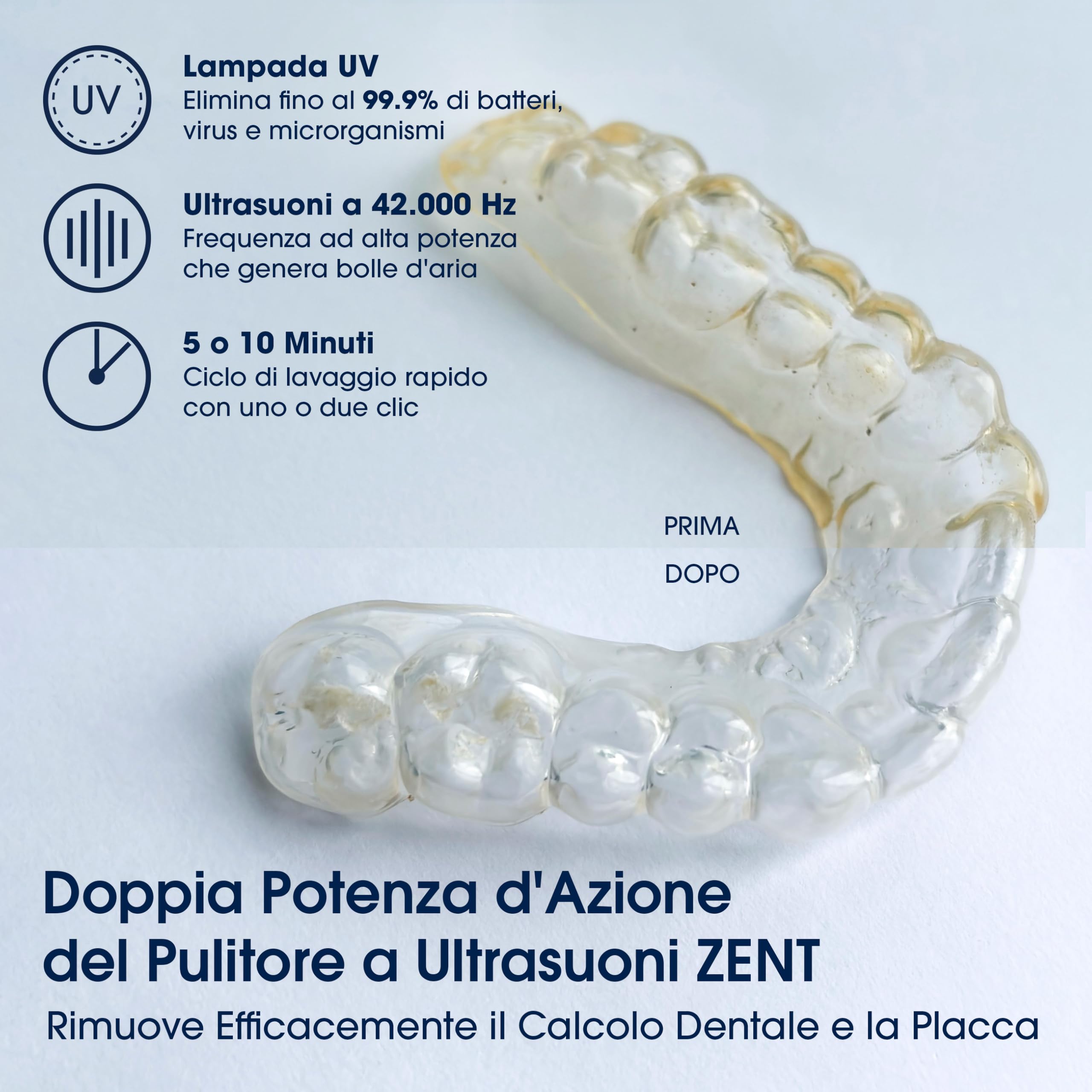 ZENT Ultrasonic Cleaner 42 kHz – Pulitore ultrasuoni compatto, Vasca ultrasuoni, Disinfezione con lampada UV, Pulizia apparecchio ortodontico gioielli, Pulizia rapida – solo 5 minuti, 0.2l